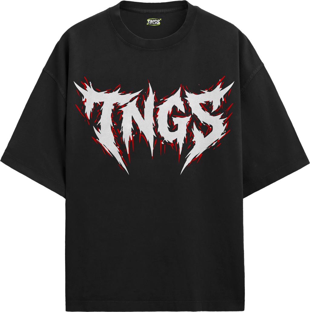 Front floating shot of TNGS Clothing black 180 GSM cotton t-shirt with red and white deathcore logo print.