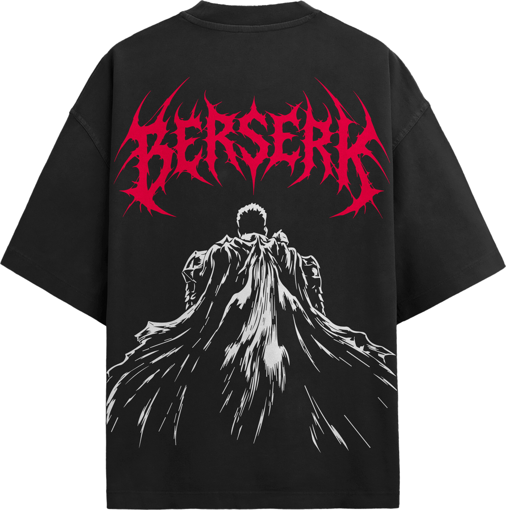 Back view of black streetwear tee showing Guts cloak silhouette with crimson death metal Berserk back typography