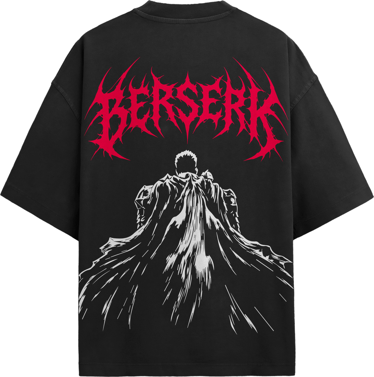 Back view of black streetwear tee showing Guts cloak silhouette with crimson death metal Berserk back typography