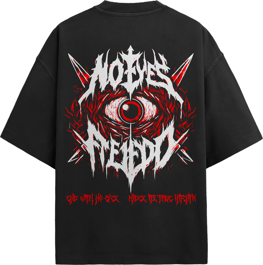 Back angle view of black oversized t-shirt showing detailed red eye occult artwork and gothic text print.
