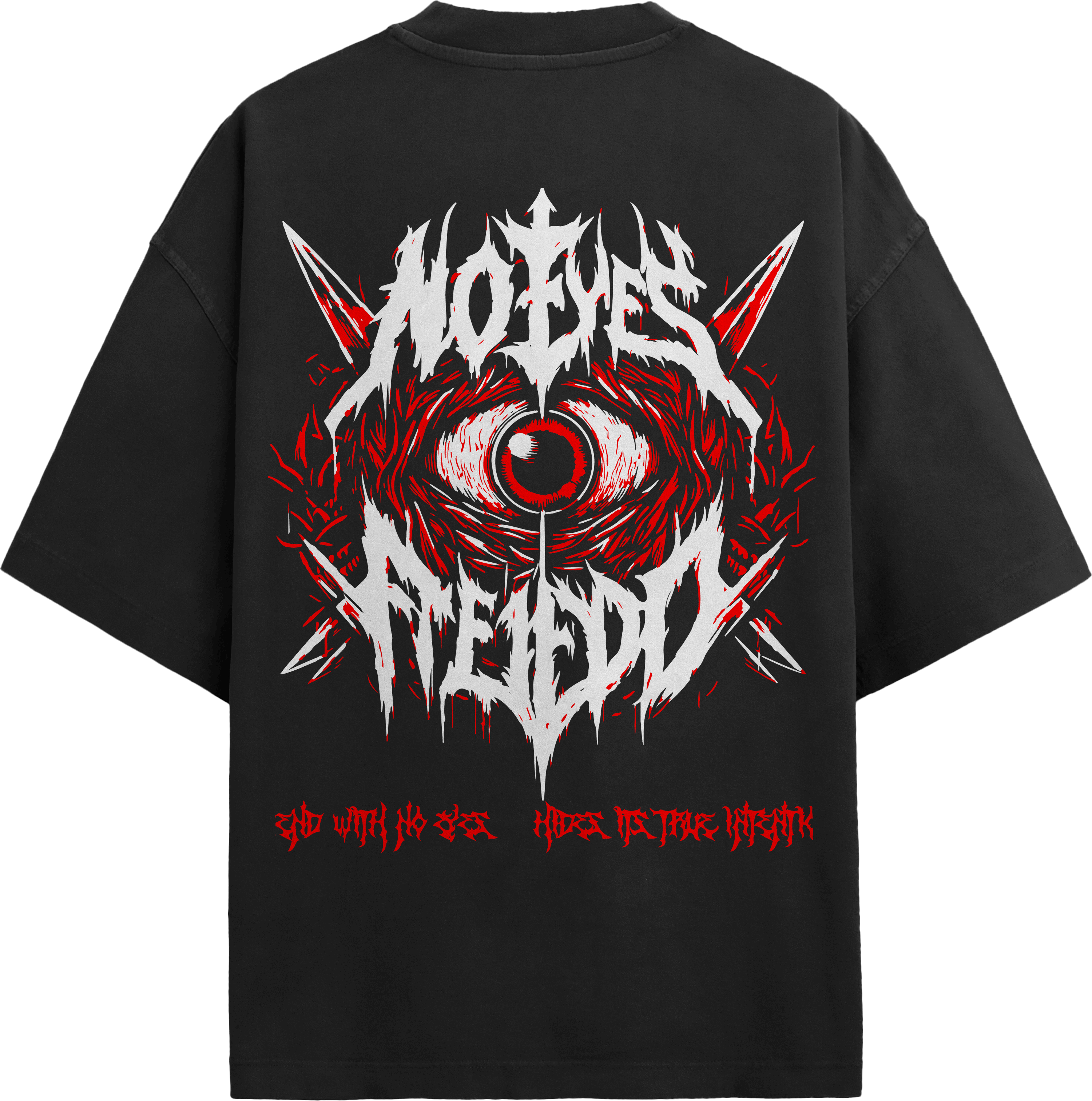 Back angle view of black oversized t-shirt showing detailed red eye occult artwork and gothic text print.
