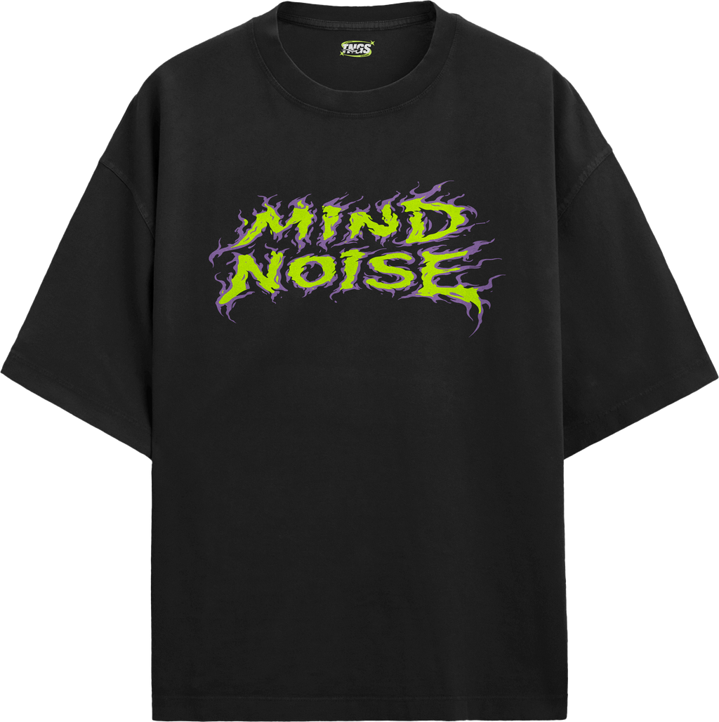 Front floating view of TNGS grey oversized drop shoulder t-shirt with pink and blue flame Mind Noise chest logo