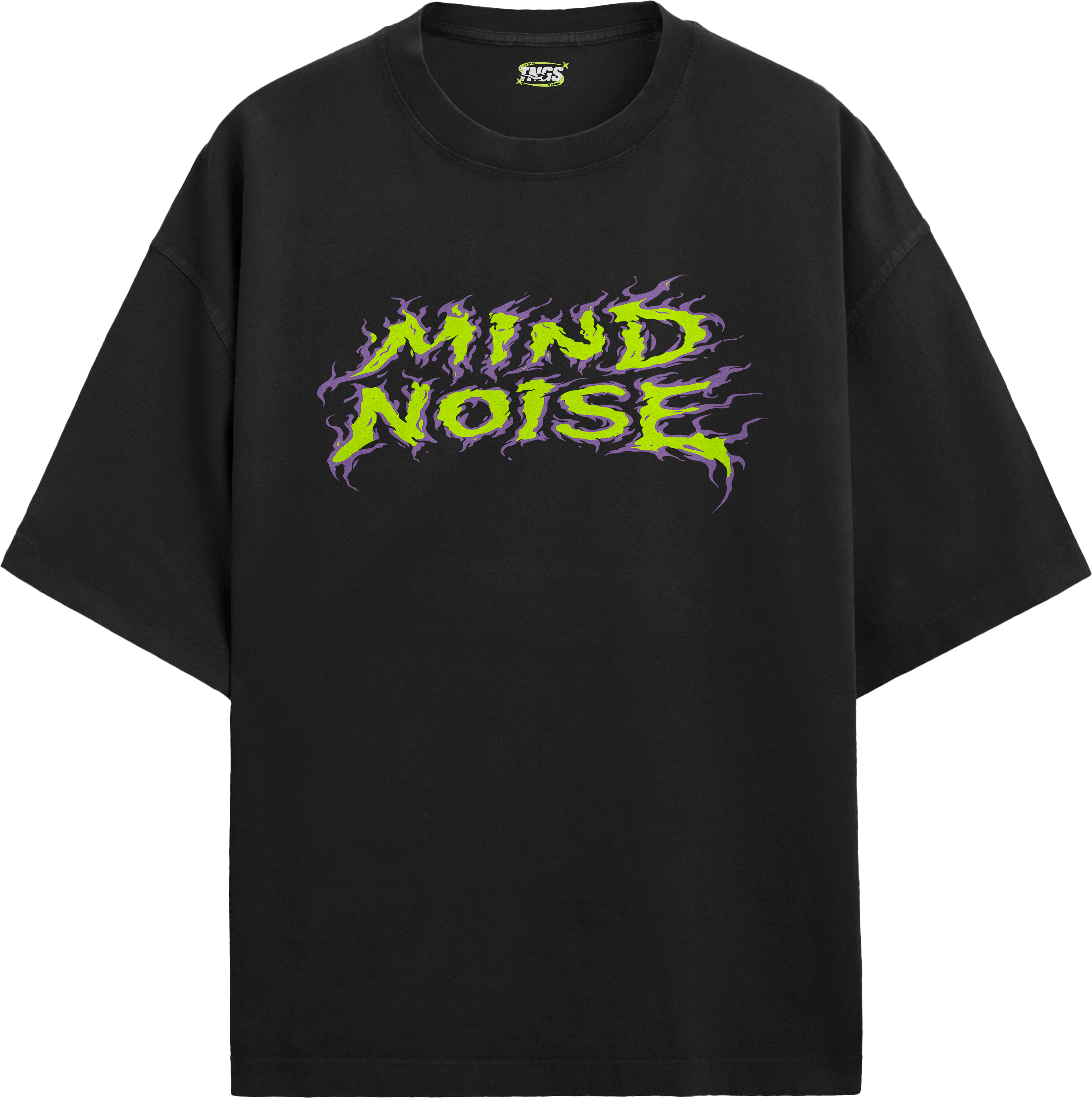 Front floating view of TNGS grey oversized drop shoulder t-shirt with pink and blue flame Mind Noise chest logo