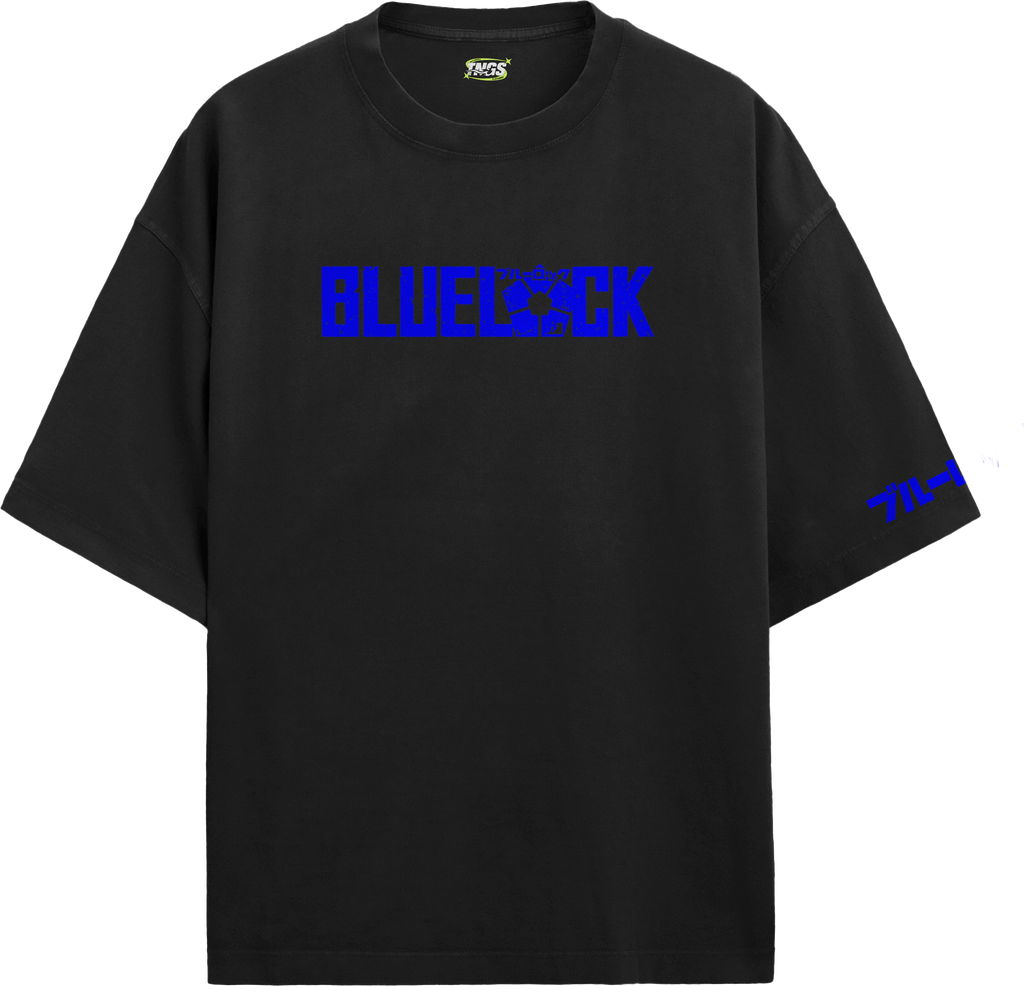Front view of TNGS black oversized drop shoulder anime t-shirt with cobalt blue distressed Blue Lock chest logo.