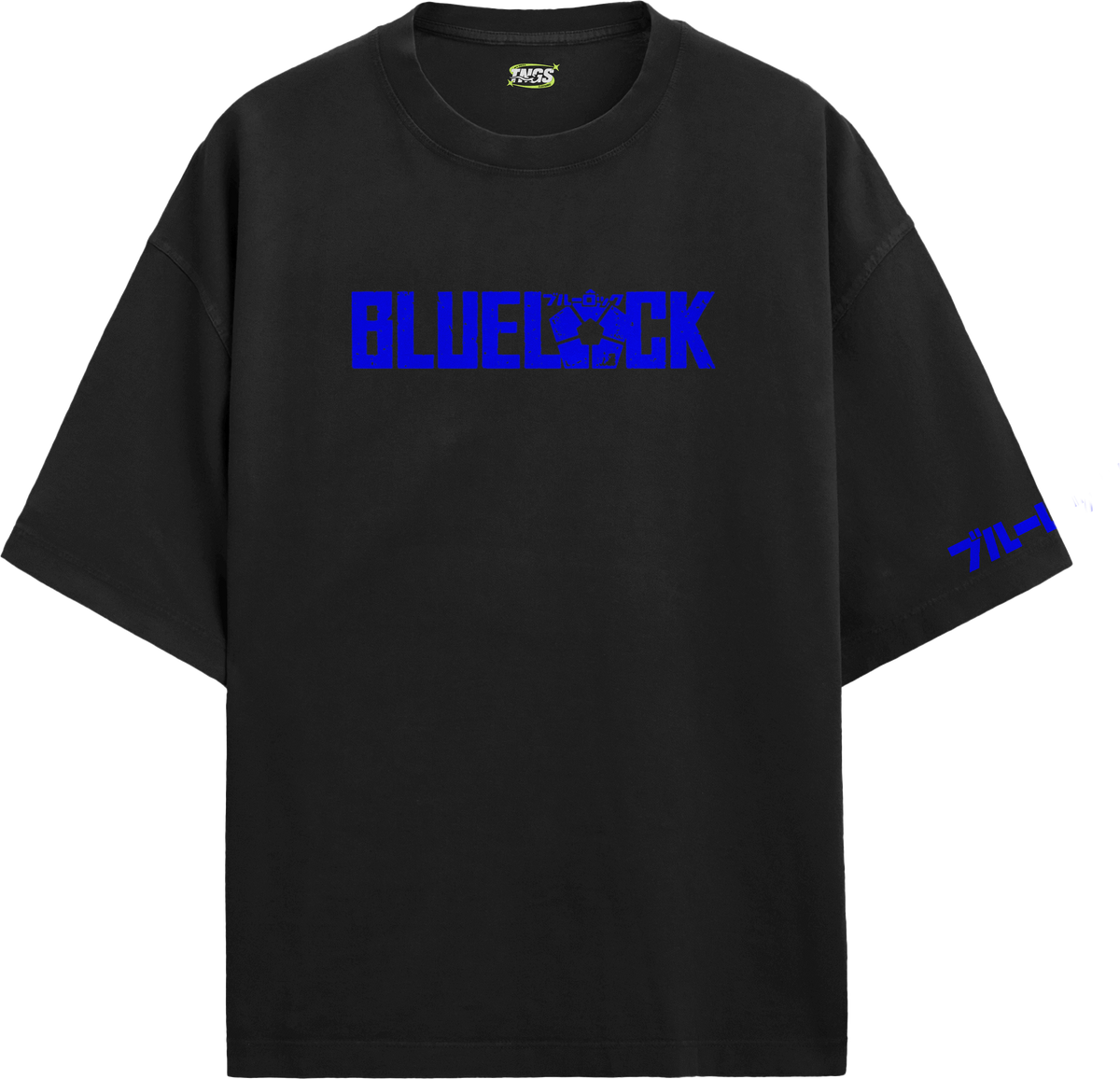 Front view of TNGS black oversized drop shoulder anime t-shirt with cobalt blue distressed Blue Lock chest logo.
