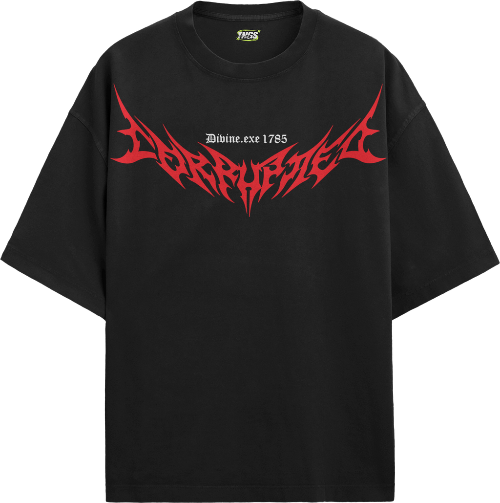 Front view of model wearing TNGS black oversized t-shirt with crimson red Corrupt metal typography chest print.