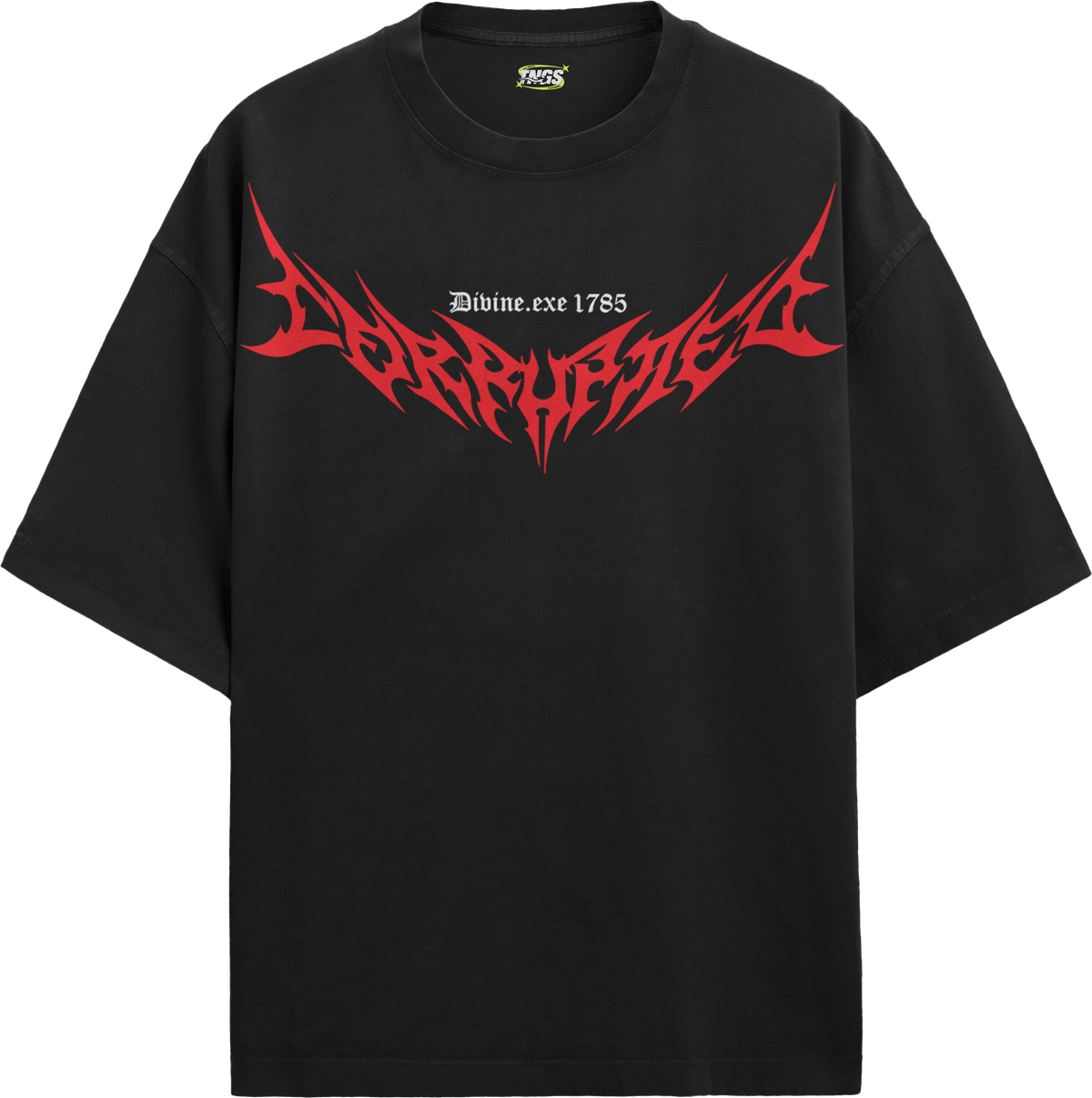 Front view of model wearing TNGS black oversized t-shirt with crimson red Corrupt metal typography chest print.