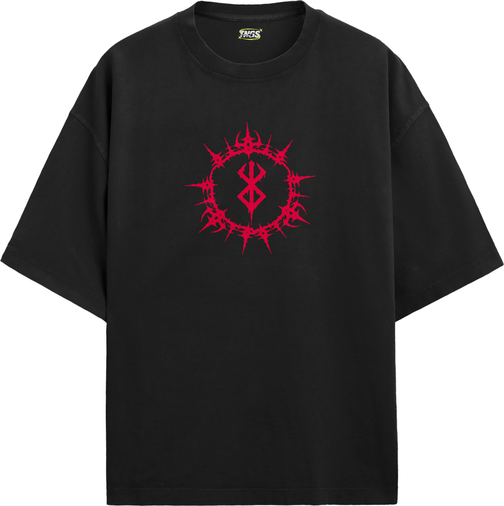 Front floating view of TNGS black oversized t-shirt featuring crimson red Brand of Sacrifice circular chest print.
