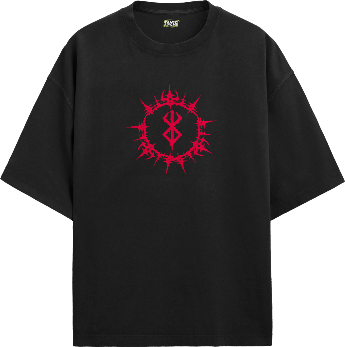 Front floating view of TNGS black oversized t-shirt featuring crimson red Brand of Sacrifice circular chest print.
