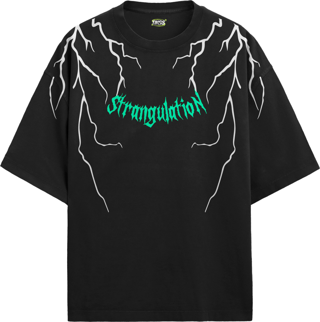 Front view of TNGS black oversized drop shoulder t-shirt with white lightning bolts and green Strangulation logo.