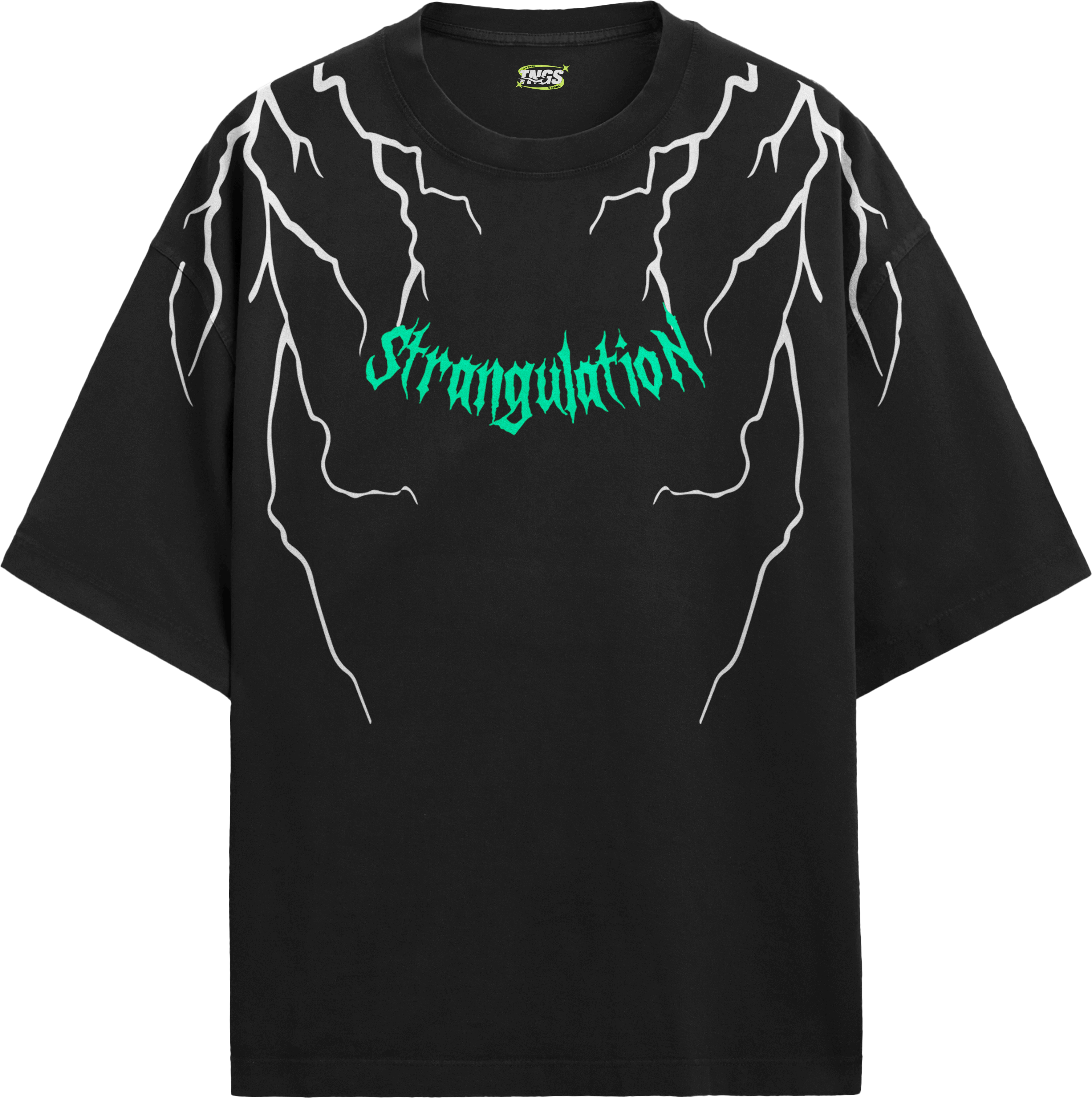 Front view of TNGS black oversized drop shoulder t-shirt with white lightning bolts and green Strangulation logo.