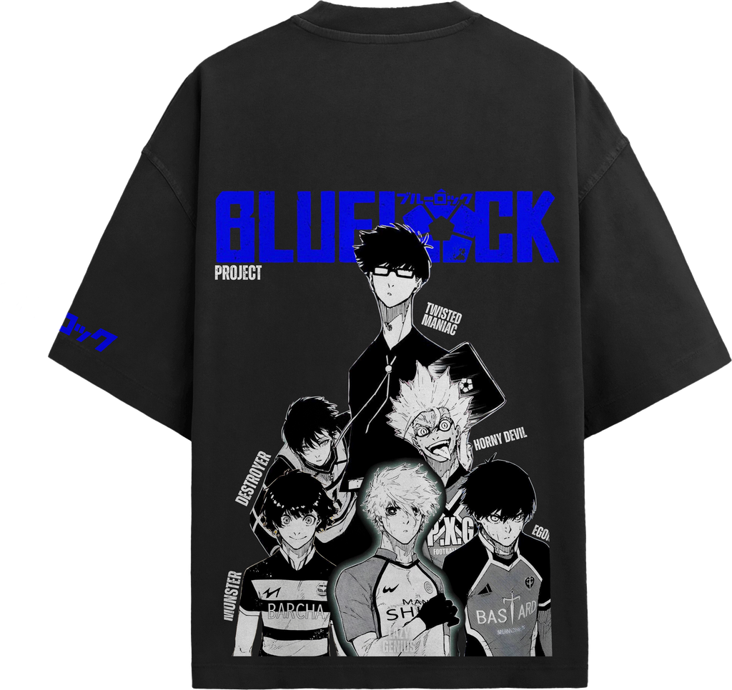 Back view of black streetwear tee featuring Blue Lock anime character collage print with Isagi, Nagi, and Bachira.