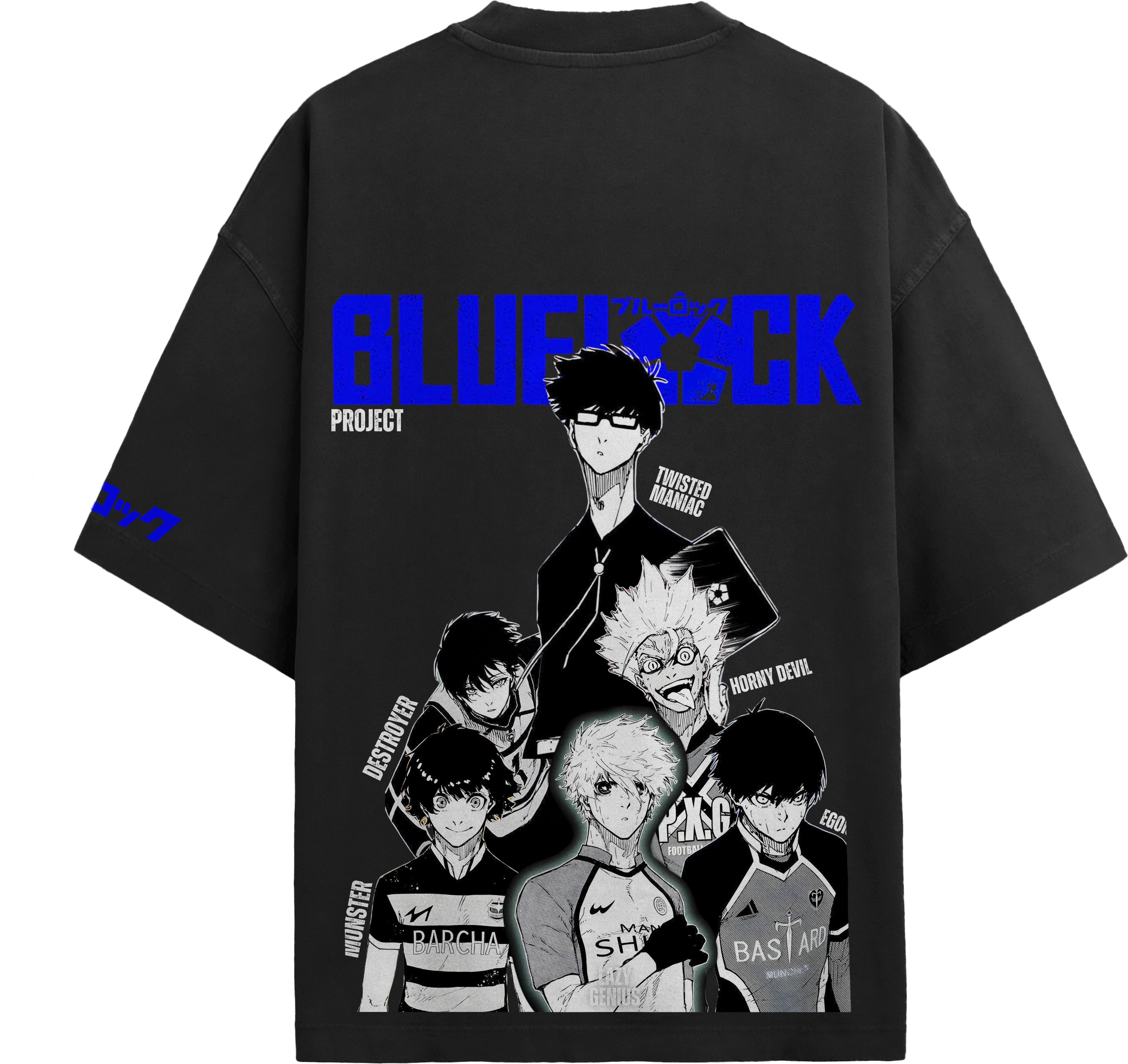 Back view of black streetwear tee featuring Blue Lock anime character collage print with Isagi, Nagi, and Bachira.