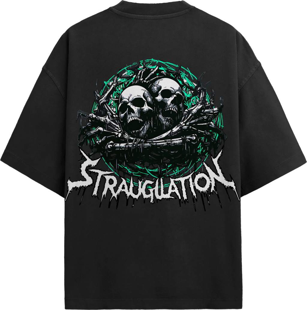 Back view of black streetwear tee featuring twin screaming skulls, barbed wire, and green halo graphic print.
