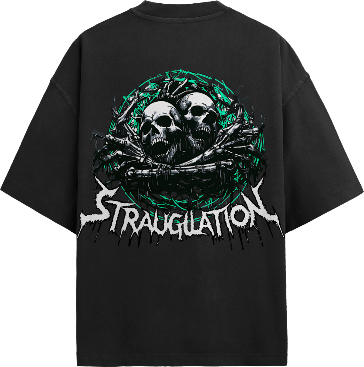 Back view of black streetwear tee featuring twin screaming skulls, barbed wire, and green halo graphic print.
