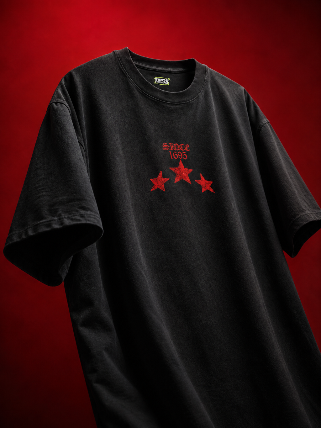 Front floating view of TNGS black oversized drop shoulder t-shirt with white gothic Old English Eternal chest logo.