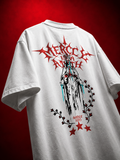 Back view of white streetwear tee featuring classical Greek statue skull split back print with gothic Eternal typography.