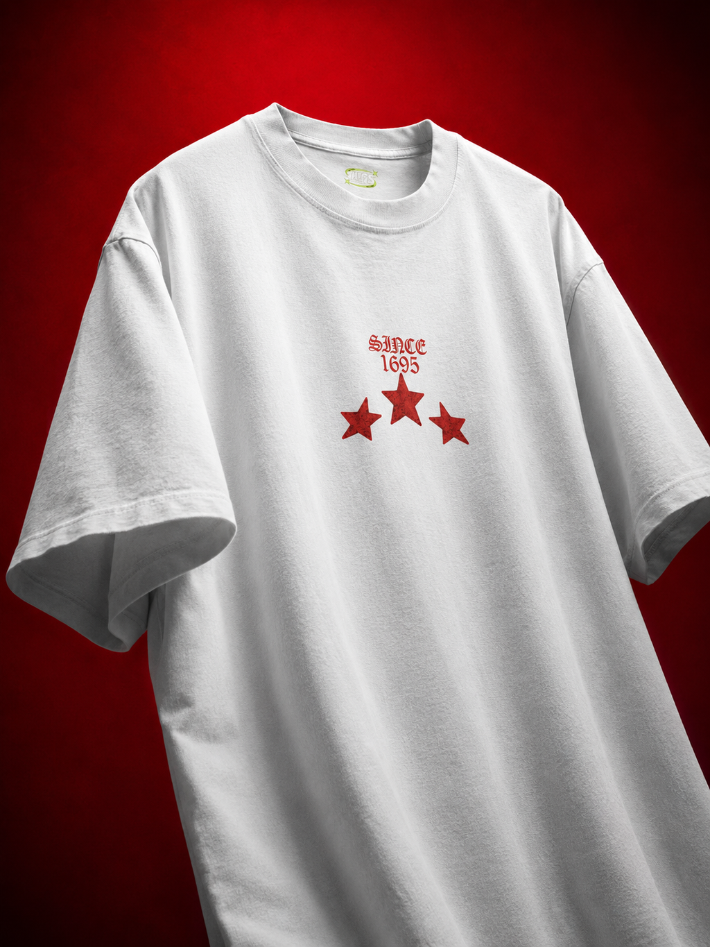 Front floating view of TNGS white oversized drop shoulder t-shirt with white gothic Old English Eternal chest logo.
