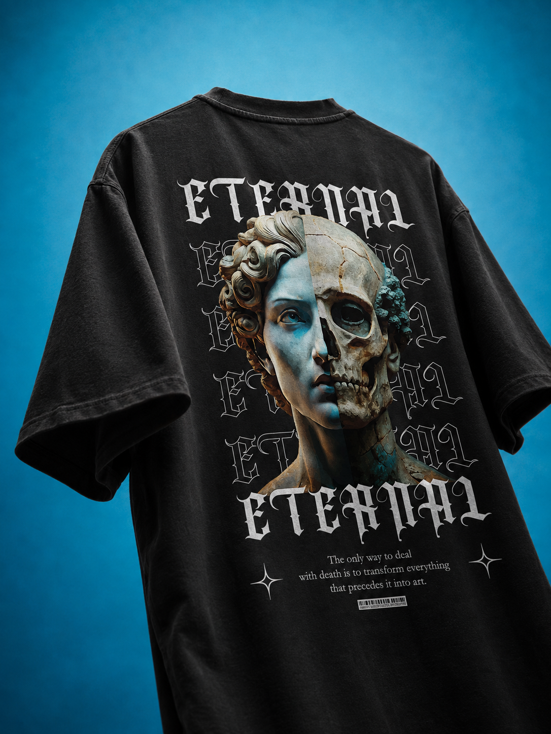 Back view of black streetwear tee featuring classical Greek statue skull split back print with gothic Eternal typography.