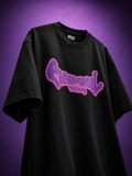 Front view of TNGS Clothing Paranormal Society black oversized drop shoulder t-shirt with purple front typography logo.