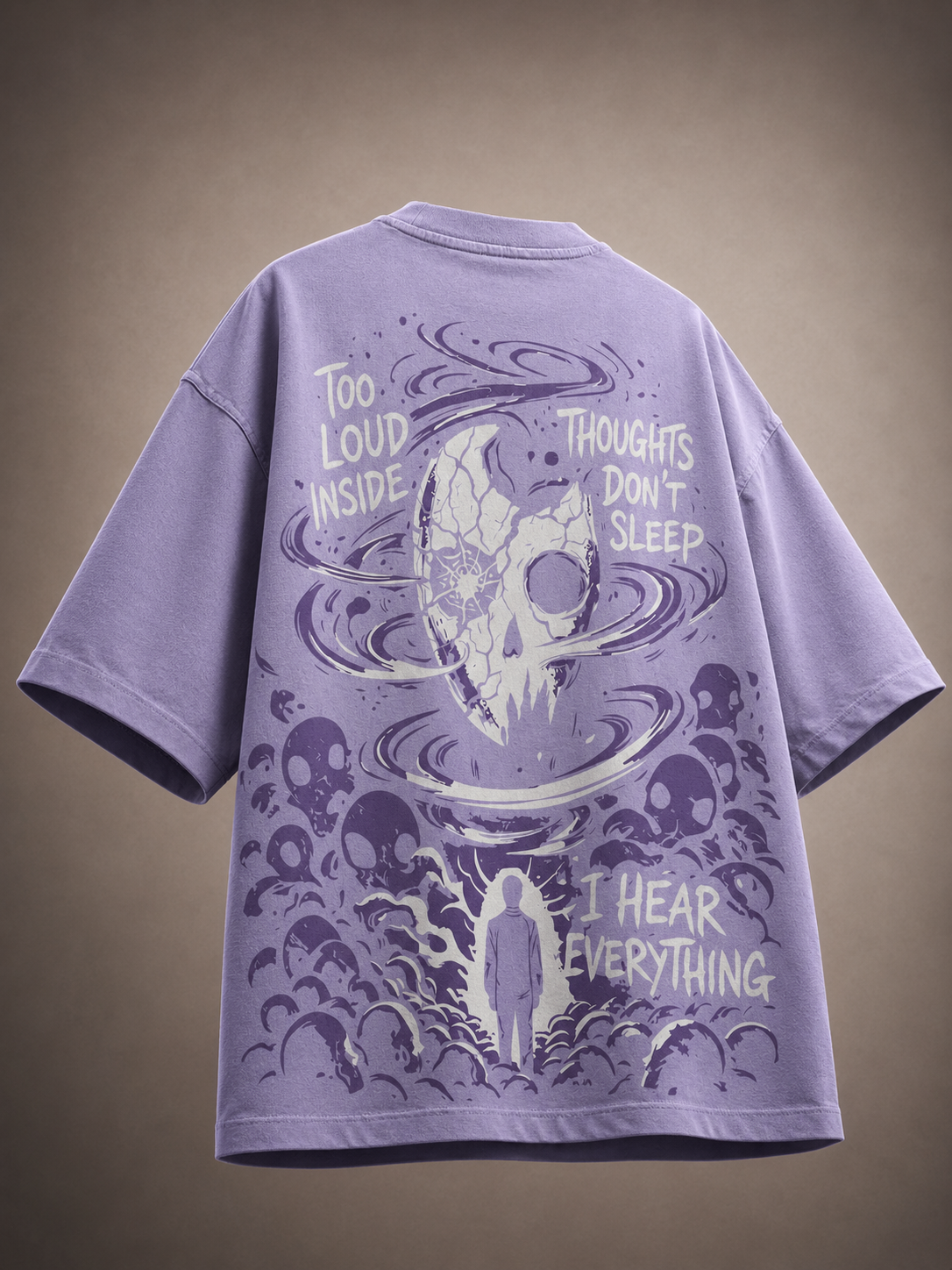 Back view of grey streetwear t-shirt featuring pink cracked skull, thought typography, and swirling blue vortex graphic.