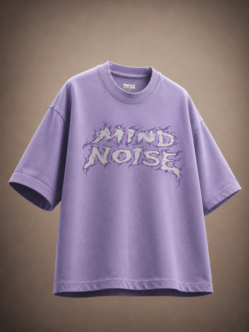 Front floating view of TNGS grey oversized drop shoulder t-shirt with pink and blue flame Mind Noise chest logo
