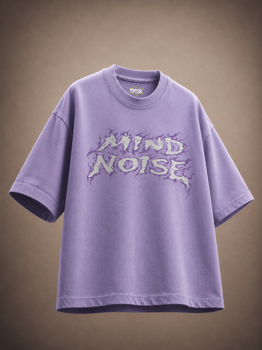 Front floating view of TNGS grey oversized drop shoulder t-shirt with pink and blue flame Mind Noise chest logo