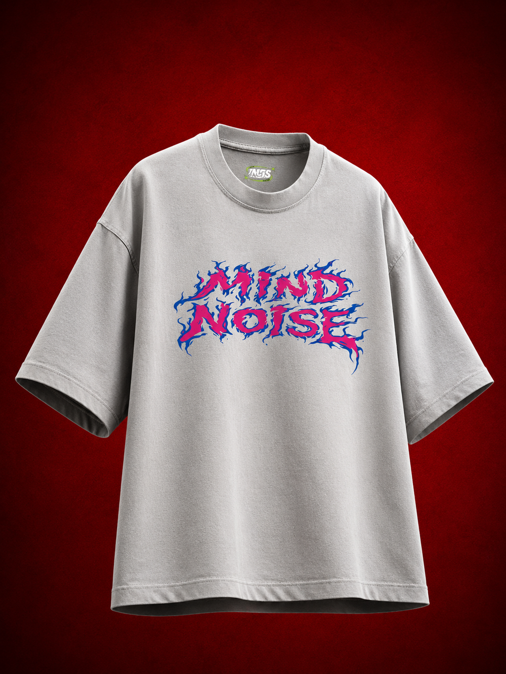 Front floating view of TNGS grey oversized drop shoulder t-shirt with pink and blue flame Mind Noise chest logo
