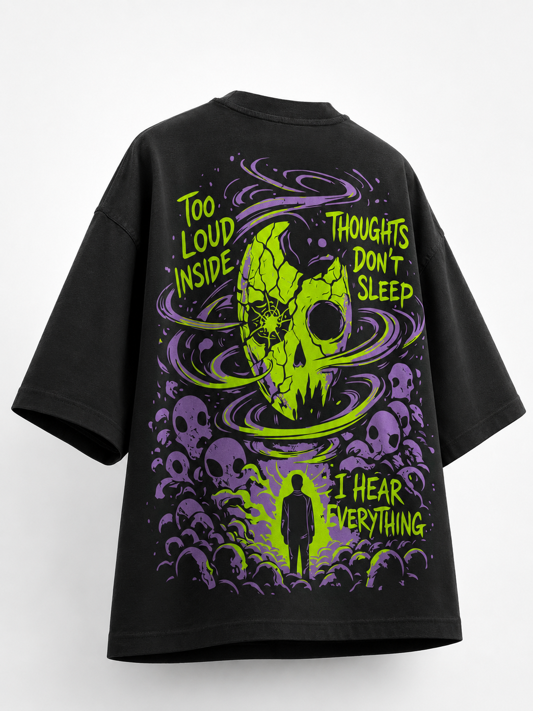 Back view of grey streetwear t-shirt featuring pink cracked skull, thought typography, and swirling blue vortex graphic.