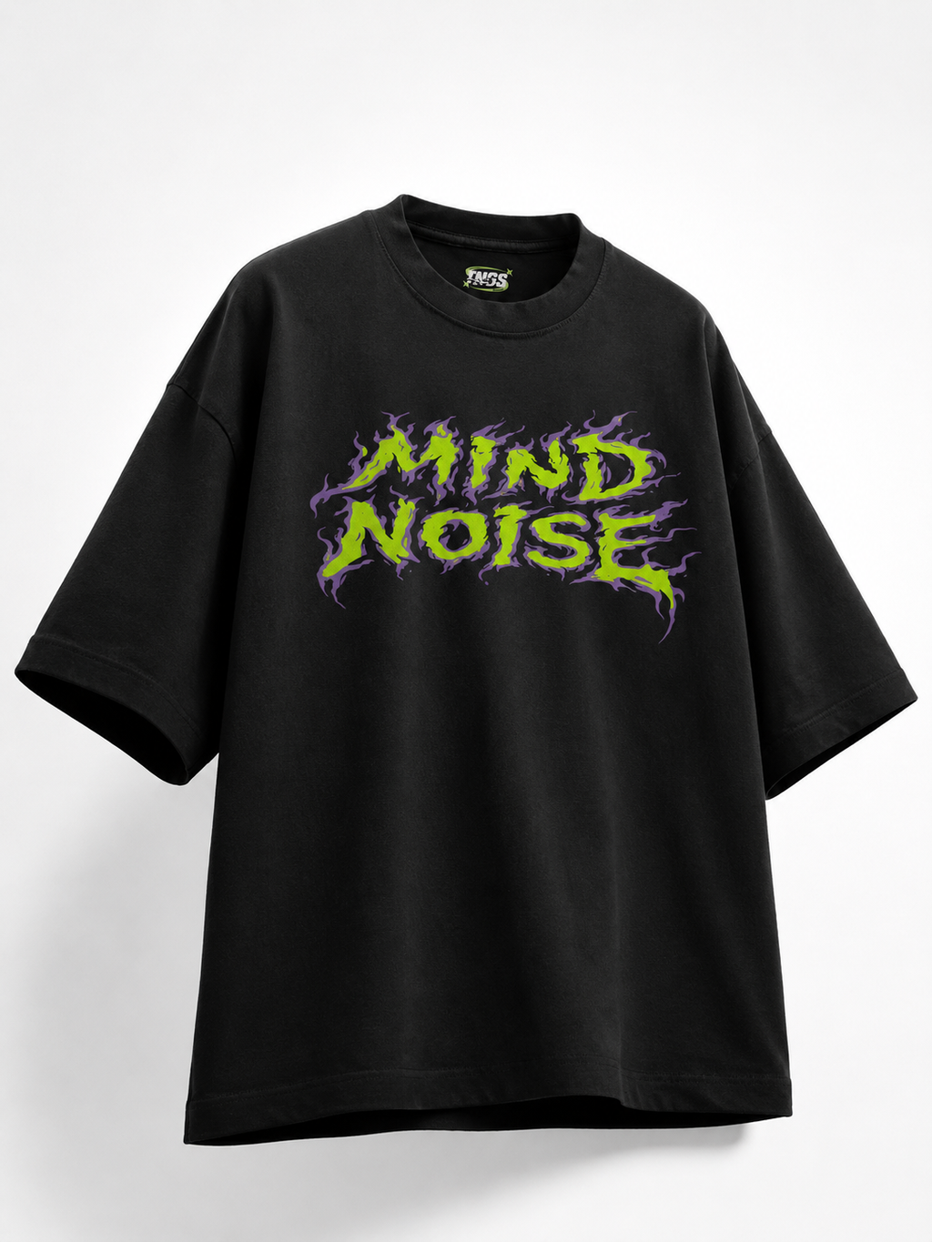 Front floating view of TNGS grey oversized drop shoulder t-shirt with pink and blue flame Mind Noise chest logo