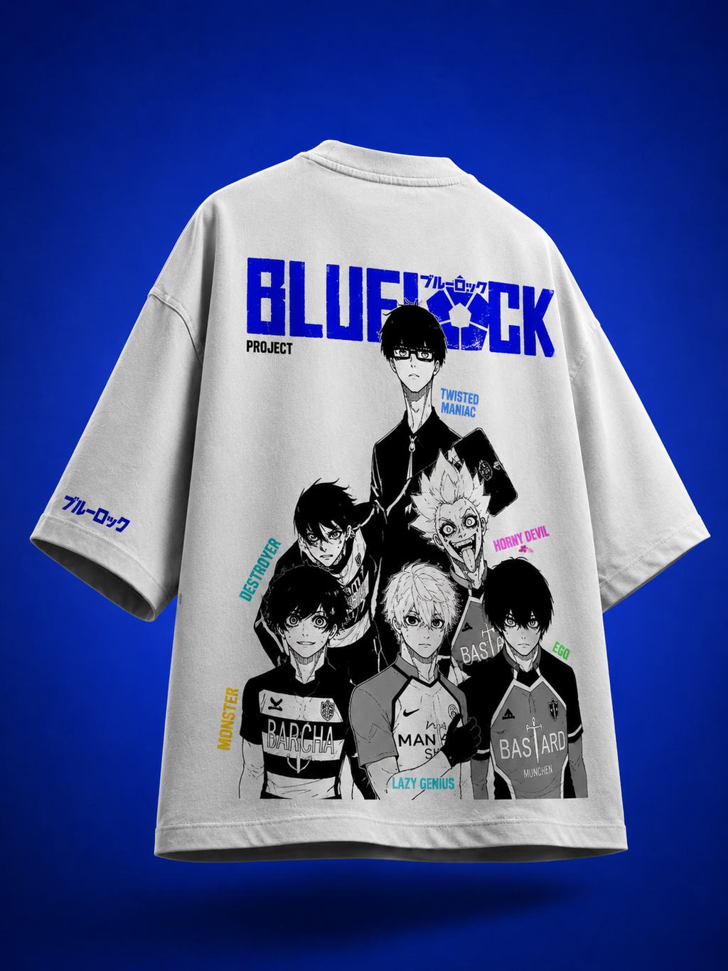 Back view of black streetwear tee featuring Blue Lock anime character collage print with Isagi, Nagi, and Bachira.