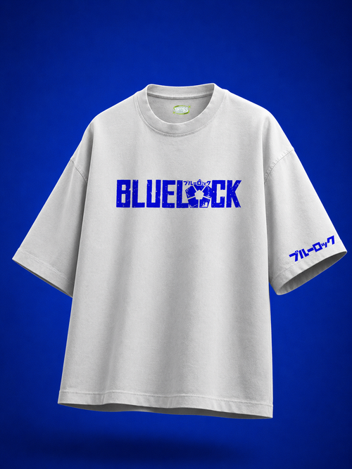 Front view of TNGS black oversized drop shoulder anime t-shirt with cobalt blue distressed Blue Lock chest logo.