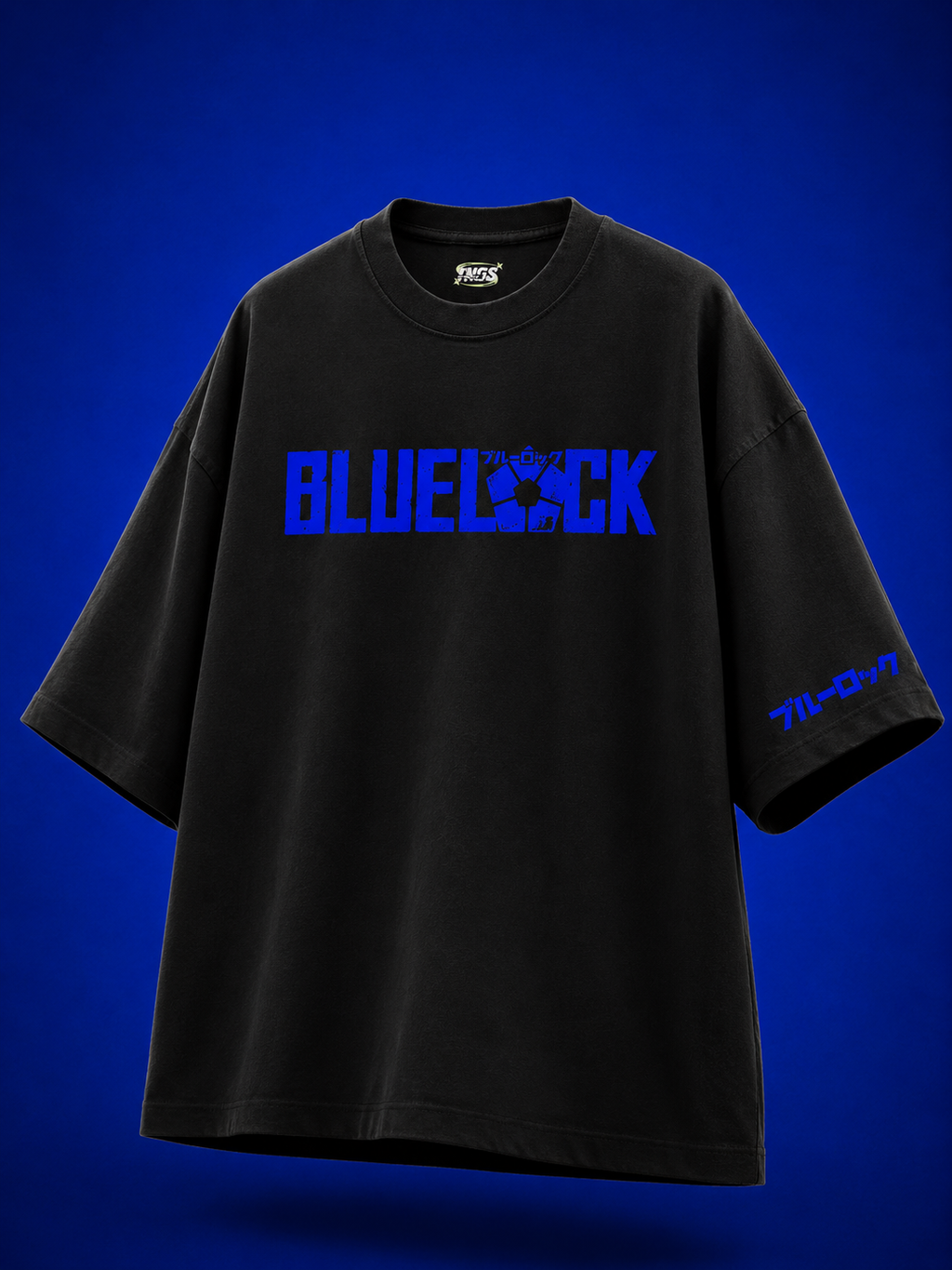 Front view of TNGS black oversized drop shoulder anime t-shirt with cobalt blue distressed Blue Lock chest logo.