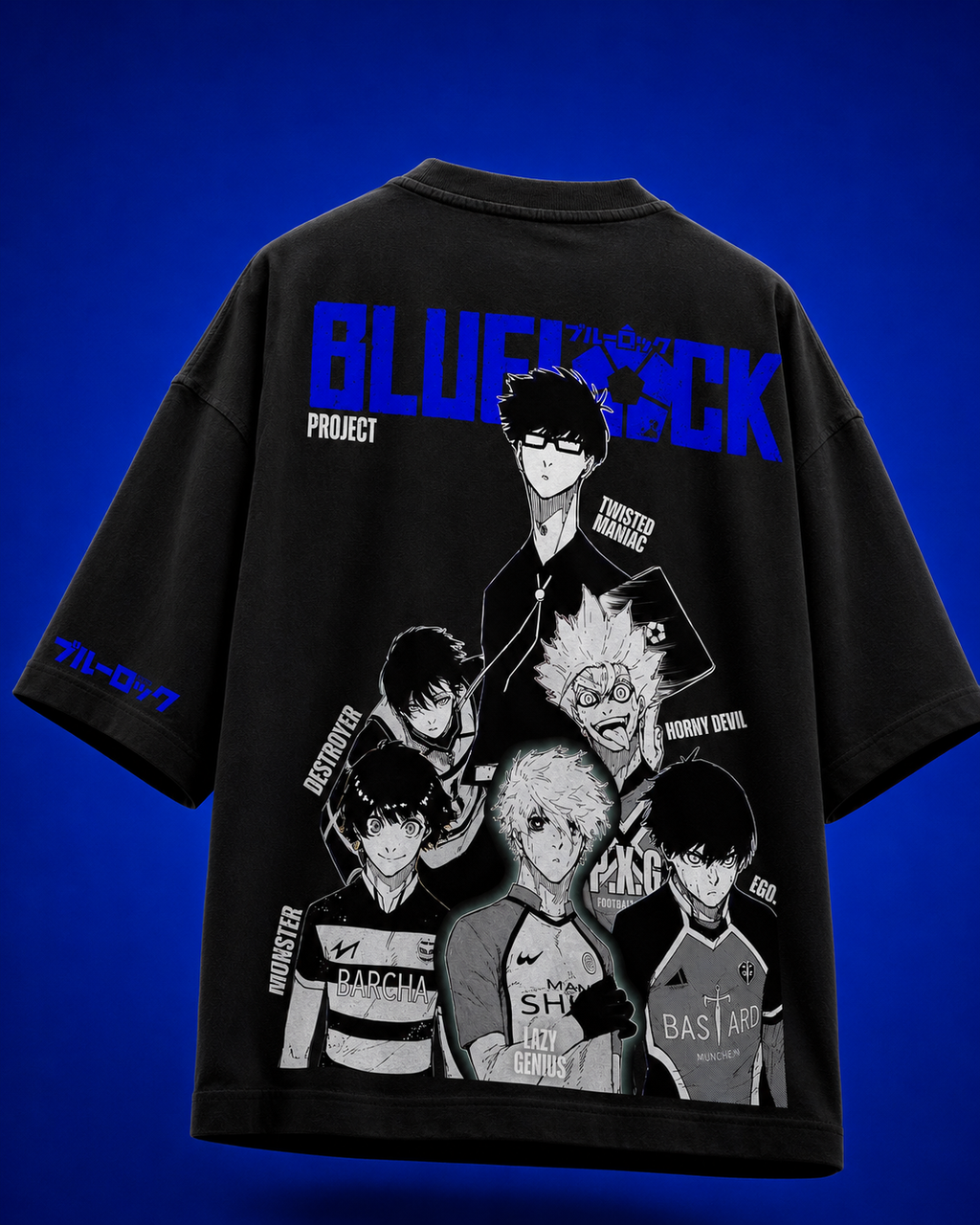 Back view of black streetwear tee featuring Blue Lock anime character collage print with Isagi, Nagi, and Bachira.
