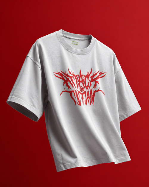 Front angle view of TNGS white drop shoulder t-shirt featuring red deathcore Attack On Titan chest logo.