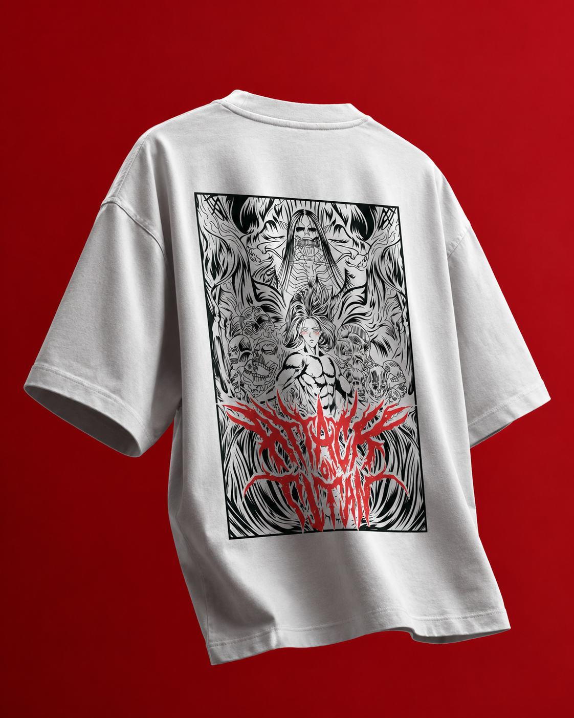 Back view of TNGS white oversized anime t-shirt with Eren Yeager Founding Titan and red death metal graphic.