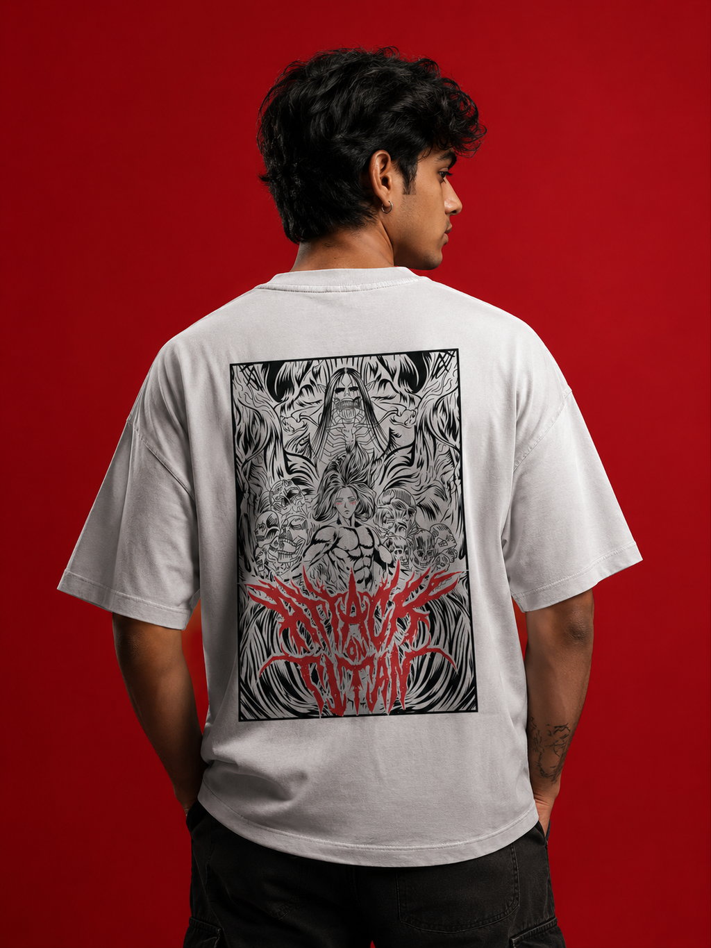 Model wearing white 180 GSM drop shoulder Attack On Titan anime graphic t-shirt with manga back print.