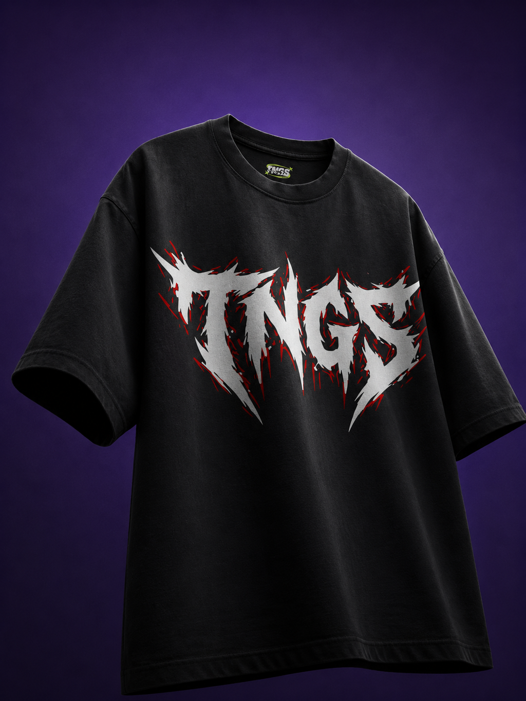 Front floating shot of TNGS Clothing black 180 GSM cotton t-shirt with red and white deathcore logo print.
