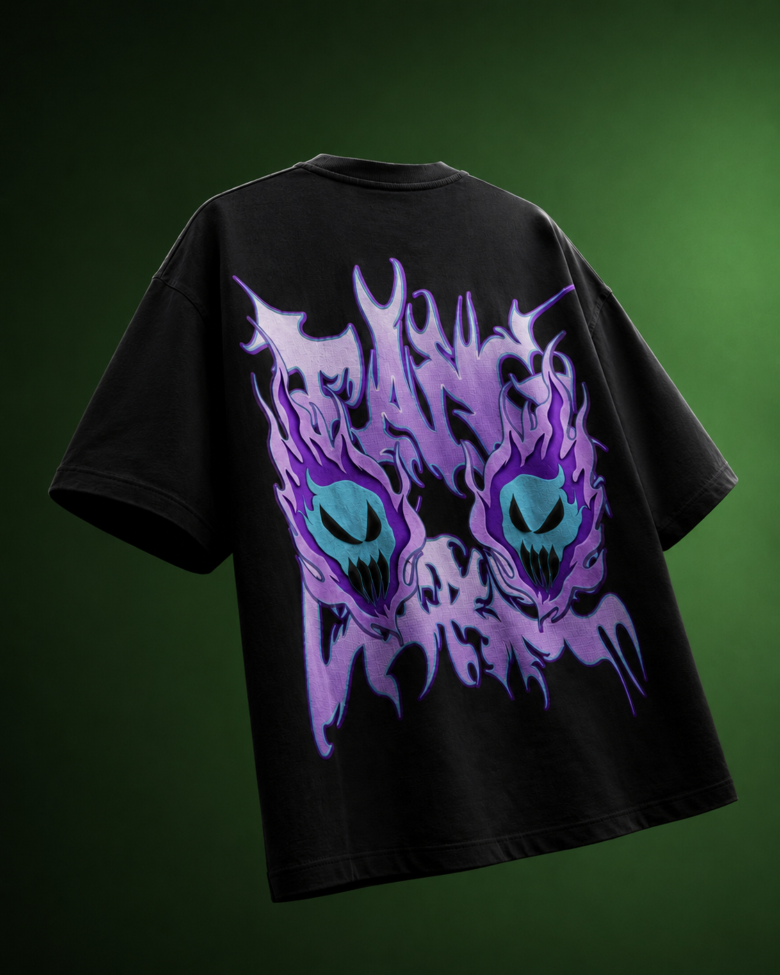 Back view of black streetwear tee featuring purple flaming demon skulls and cyan horned ghost graphic print.
