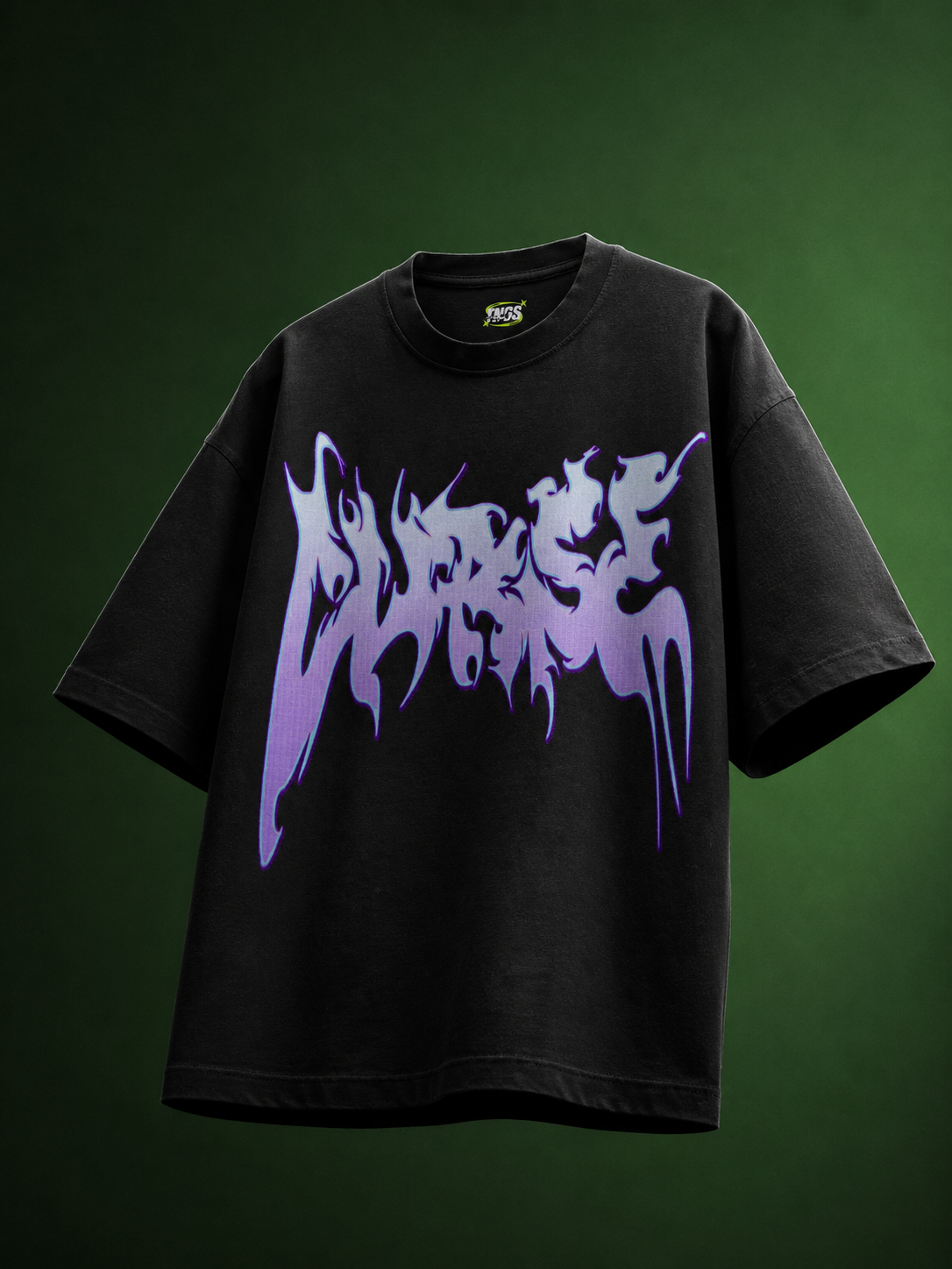 Front floating view of TNGS black oversized drop shoulder t-shirt with dripping purple gradient Cursed metal chest logo.