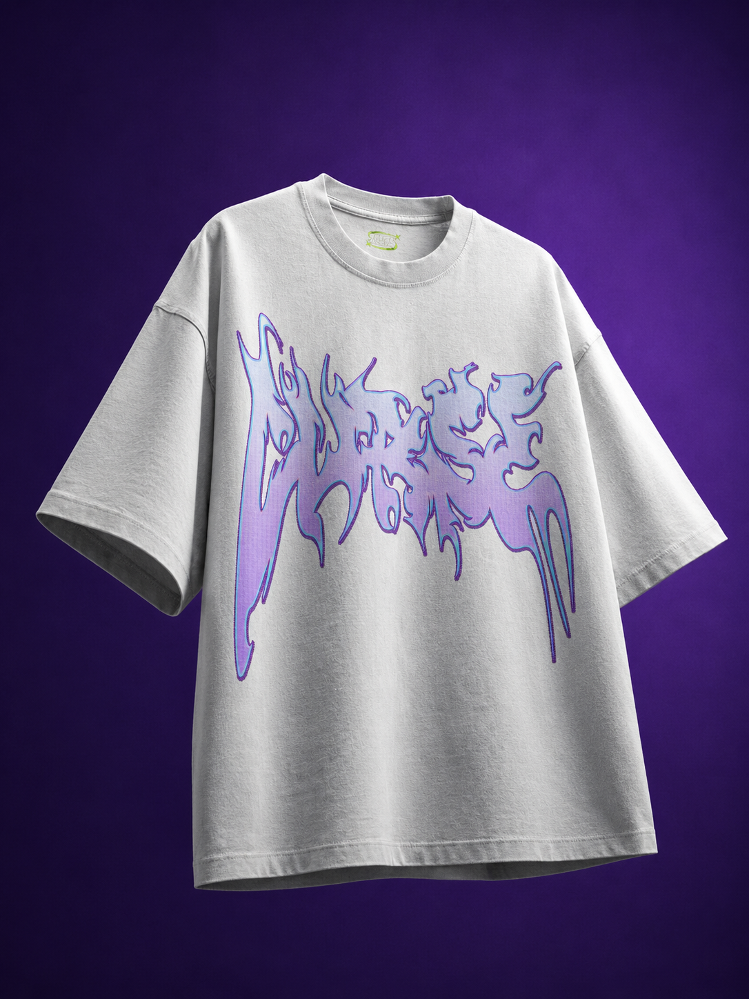 Front floating view of TNGS black oversized drop shoulder t-shirt with dripping purple gradient Cursed metal chest logo.