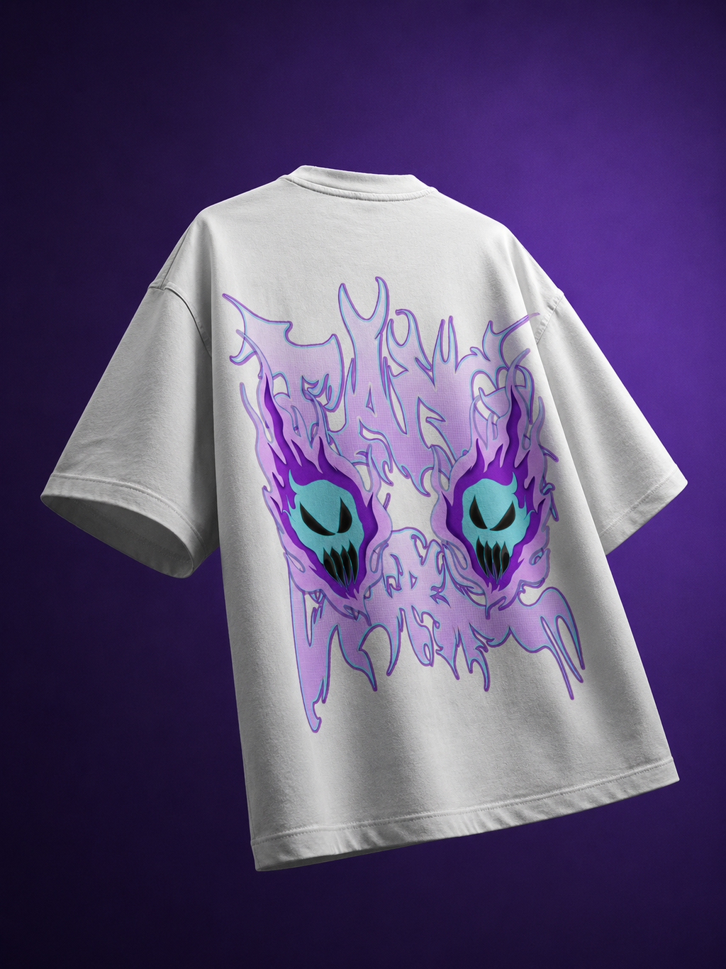 Back view of black streetwear tee featuring purple flaming demon skulls and cyan horned ghost graphic print.