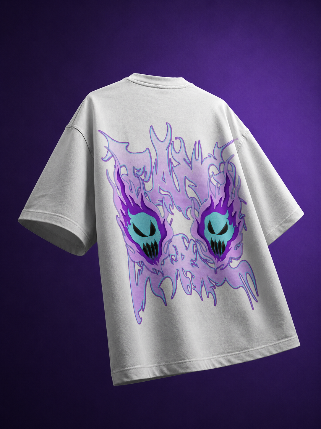 Back view of black streetwear tee featuring purple flaming demon skulls and cyan horned ghost graphic print.