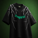 Front view of TNGS black oversized drop shoulder t-shirt with white lightning bolts and green Strangulation logo.