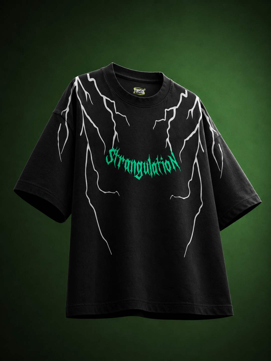Front view of TNGS black oversized drop shoulder t-shirt with white lightning bolts and green Strangulation logo.