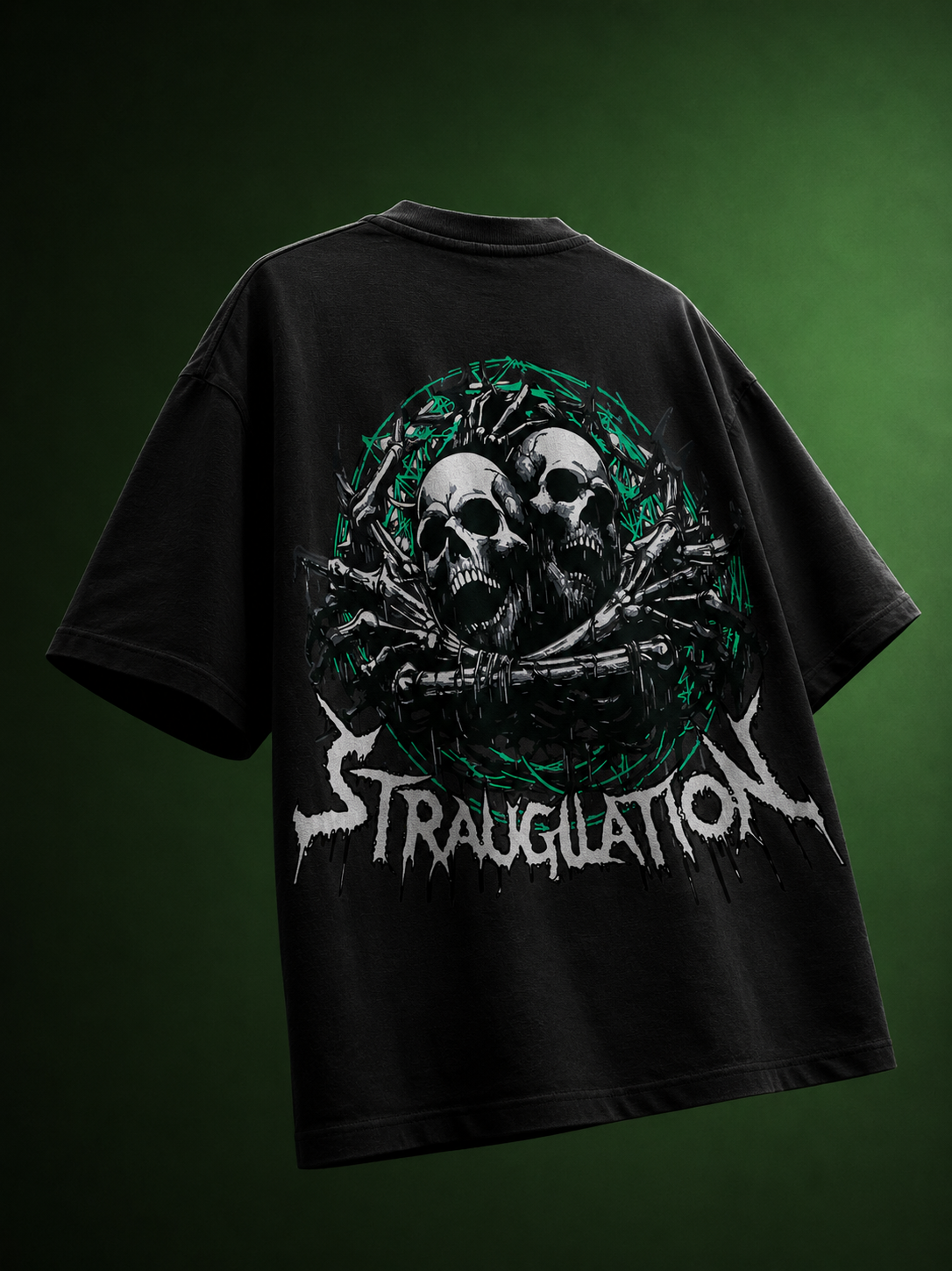 Back view of black streetwear tee featuring twin screaming skulls, barbed wire, and green halo graphic print.
