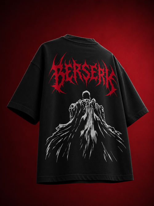 Back view of black streetwear tee showing Guts cloak silhouette with crimson death metal Berserk back typography