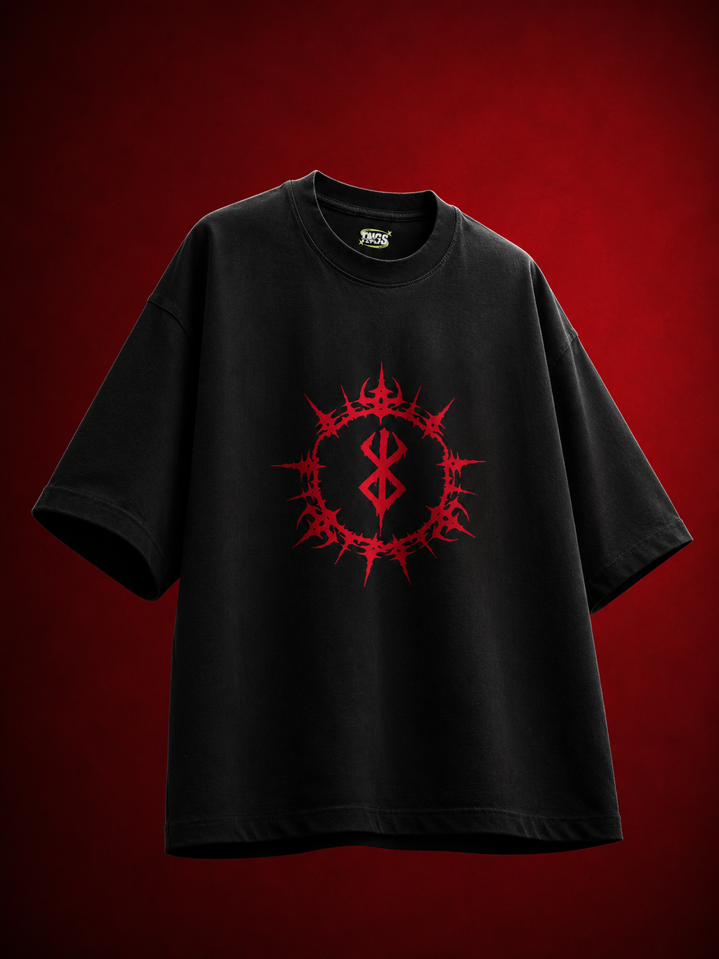 Front floating view of TNGS black oversized t-shirt featuring crimson red Brand of Sacrifice circular chest print.
