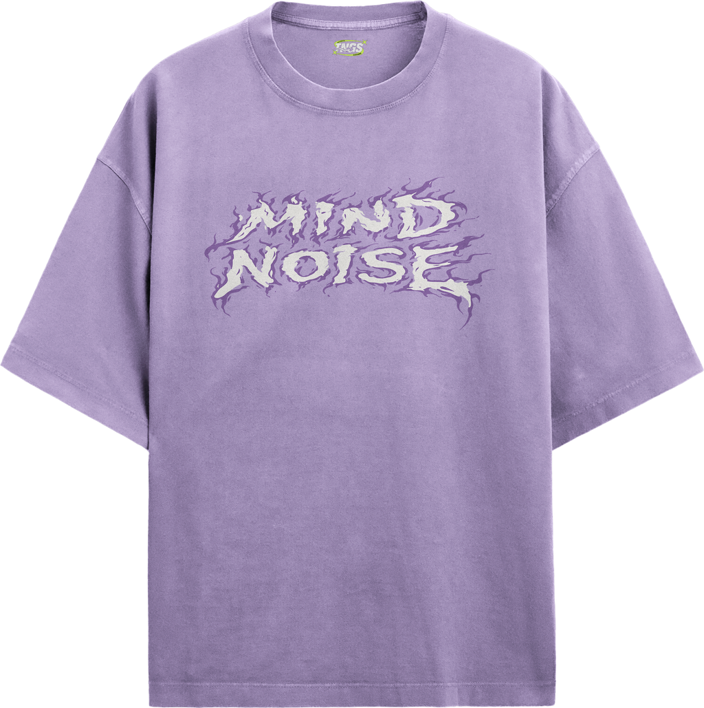 Front floating view of TNGS grey oversized drop shoulder t-shirt with pink and blue flame Mind Noise chest logo