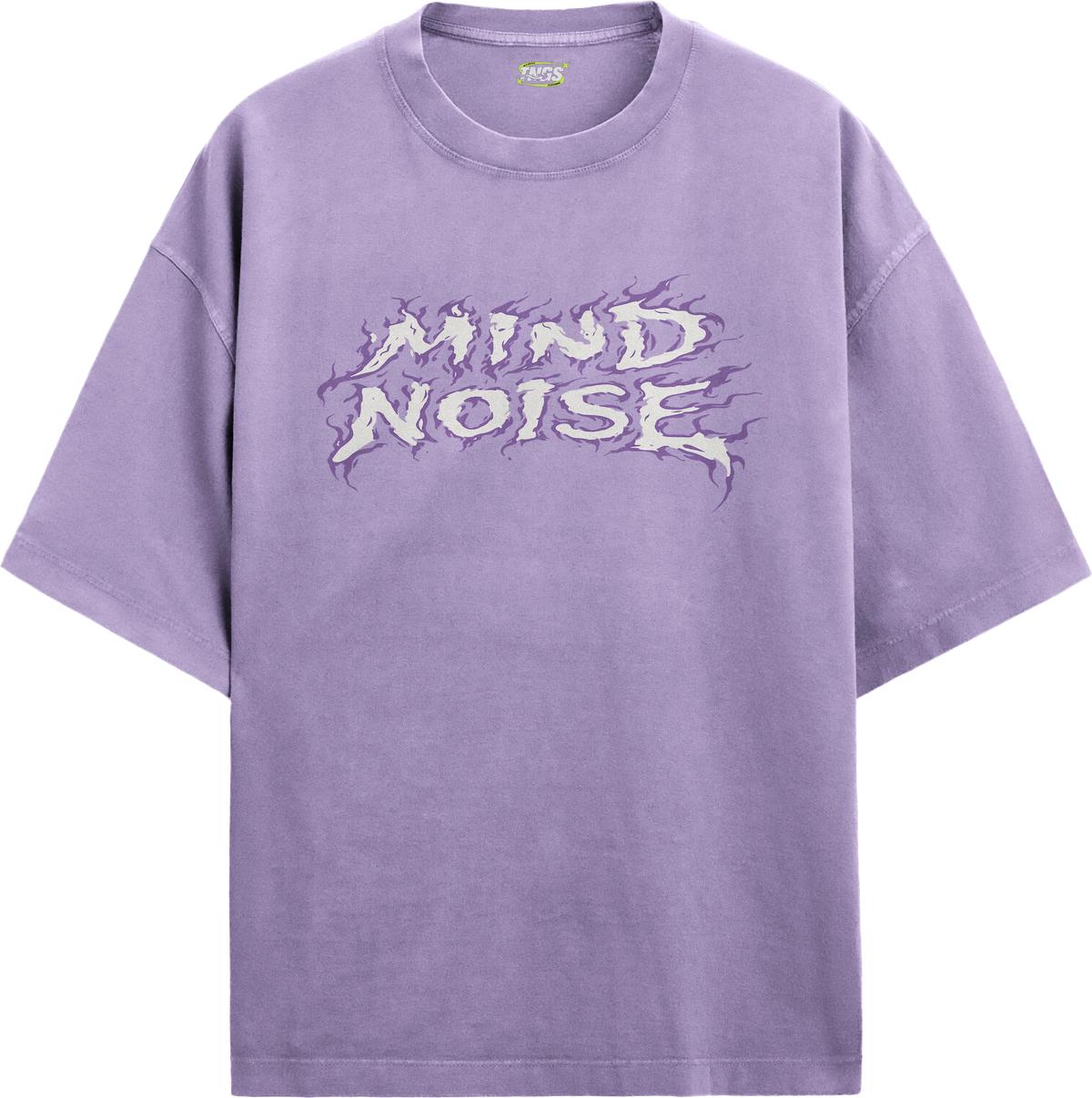Front floating view of TNGS grey oversized drop shoulder t-shirt with pink and blue flame Mind Noise chest logo